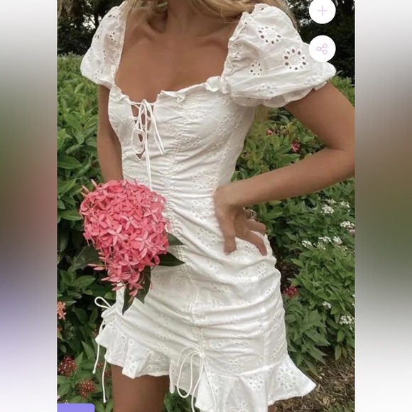 NWT SELFIE LESLIE La Quinta White Eyelet Lace Ruched Mini Dress w Puff Sleeves - Picture 2 of 16